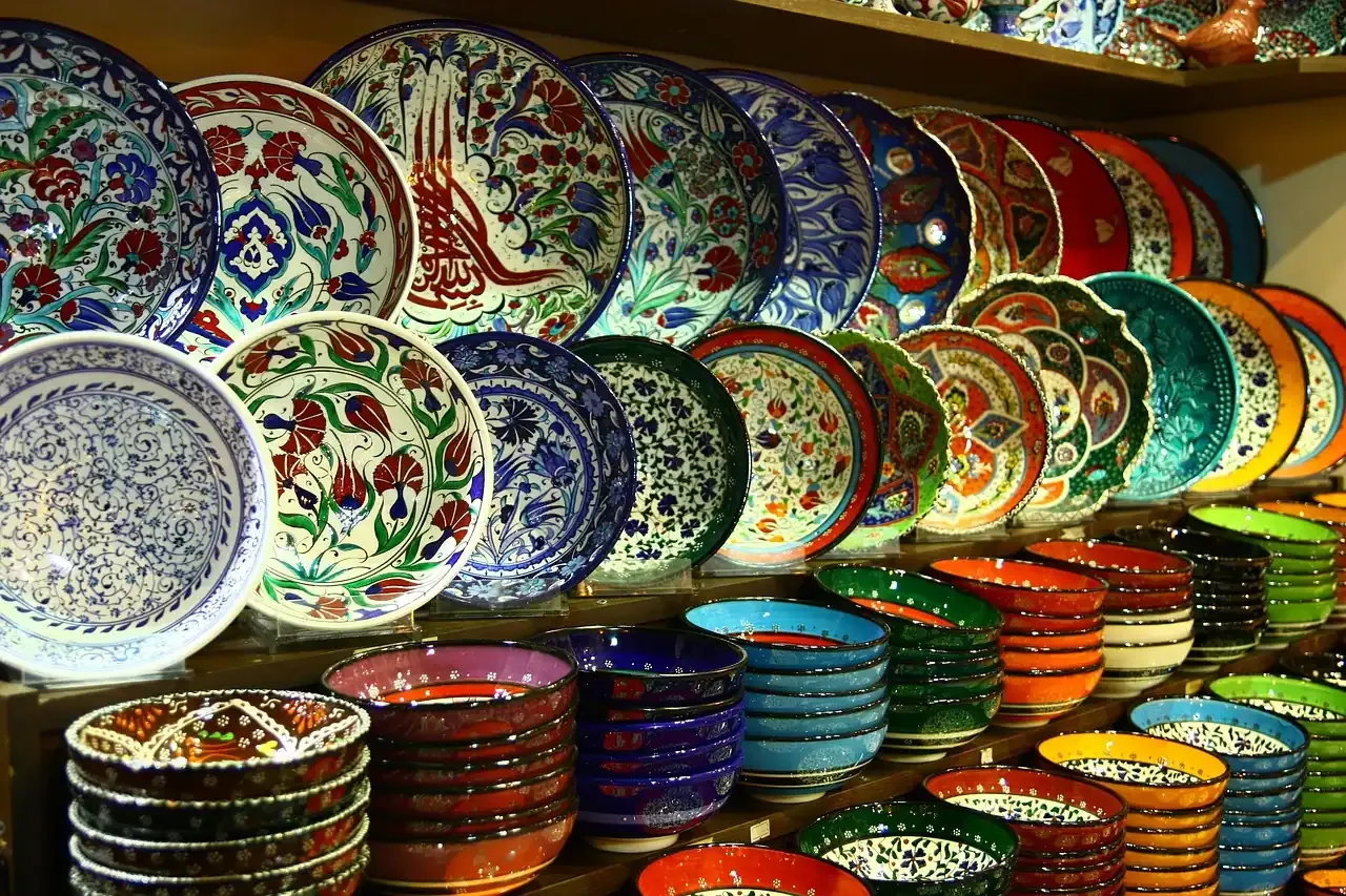 Hand-painted ceramics stacked on a stall in the Grand Bazaar in Istanbul
