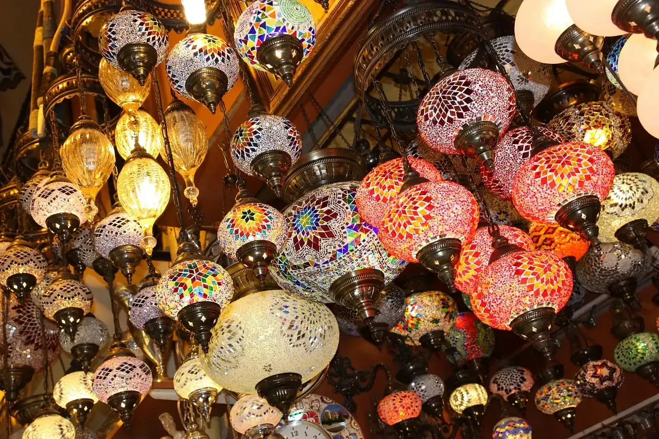 Mosaic glass lamps hanging in a Grand Bazaar shop in Istanbul