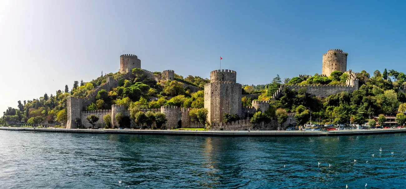 Panoramic view of the Rumeli Hisari fortress from the Bosphorus in Istanbul