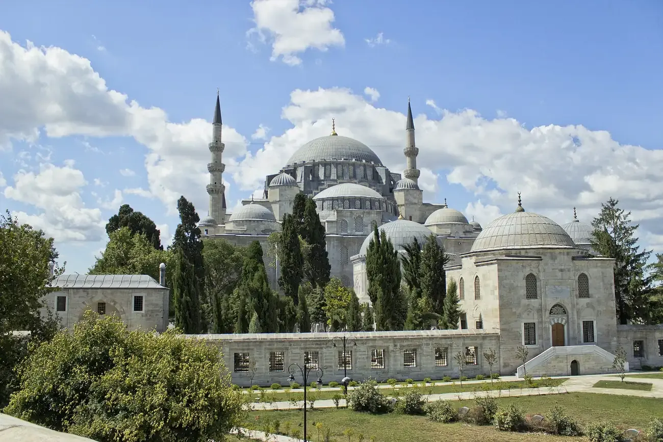 The Suleymaniye Mosque seen across its garden and tombs in Istanbul
