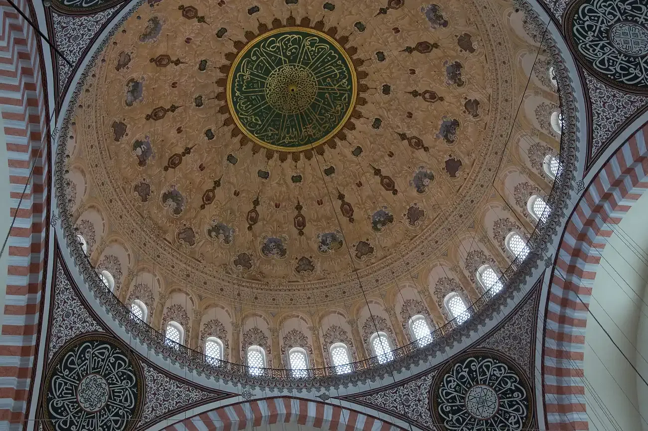 The main dome of the Suleymaniye Mosque seen from below in Istanbul