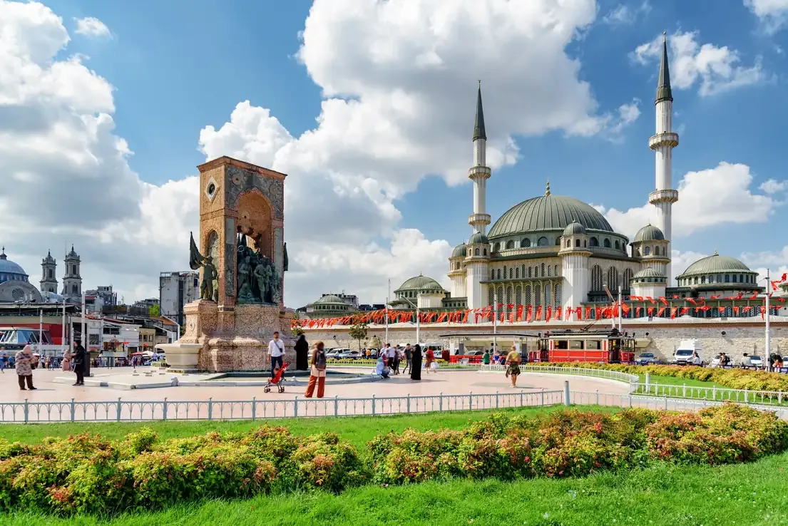 The Taksim Mosque and the Republic Monument at Taksim Square in Istanbul
