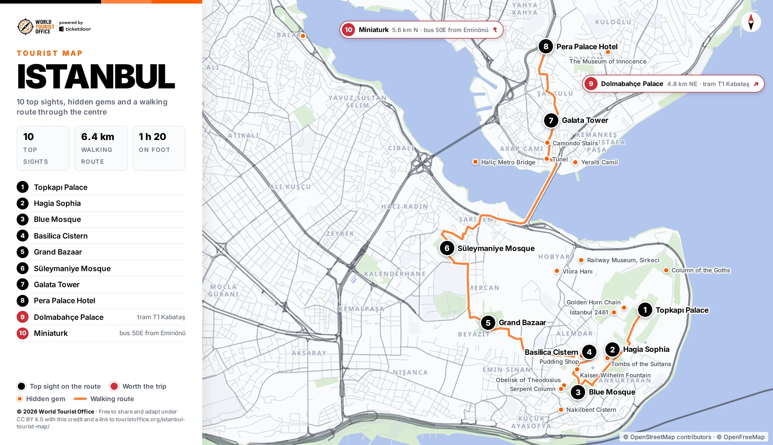 Istanbul tourist map with 10 numbered top sights, hidden gems and a walking route