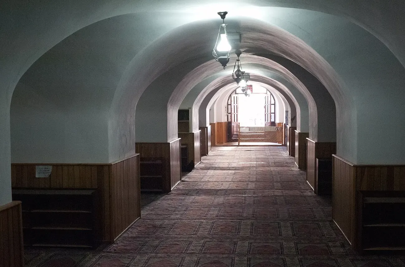 The low vaulted prayer hall of the Yeralti Camii underground mosque in Karakoy, Istanbul