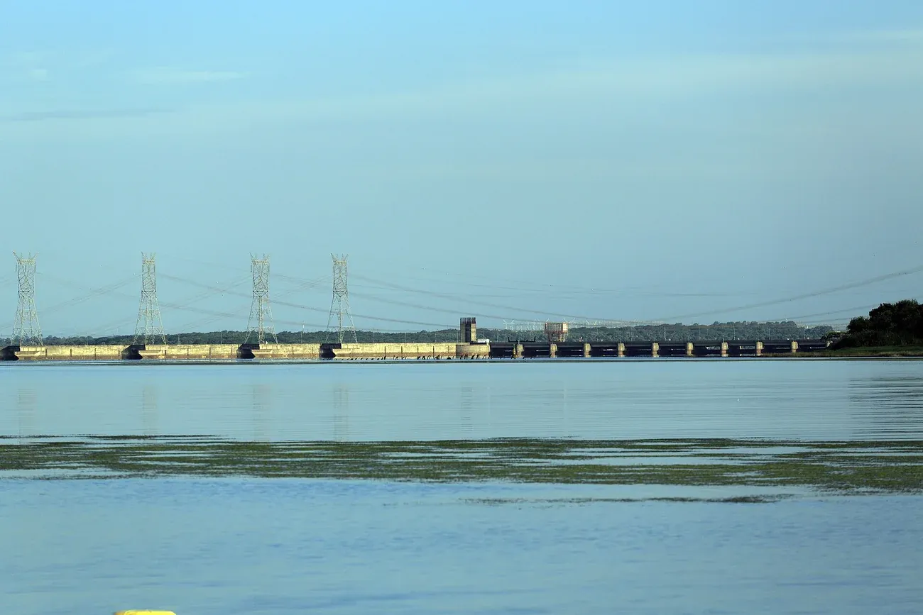 The wall of the Itaipu dam and its spillway across the Parana river