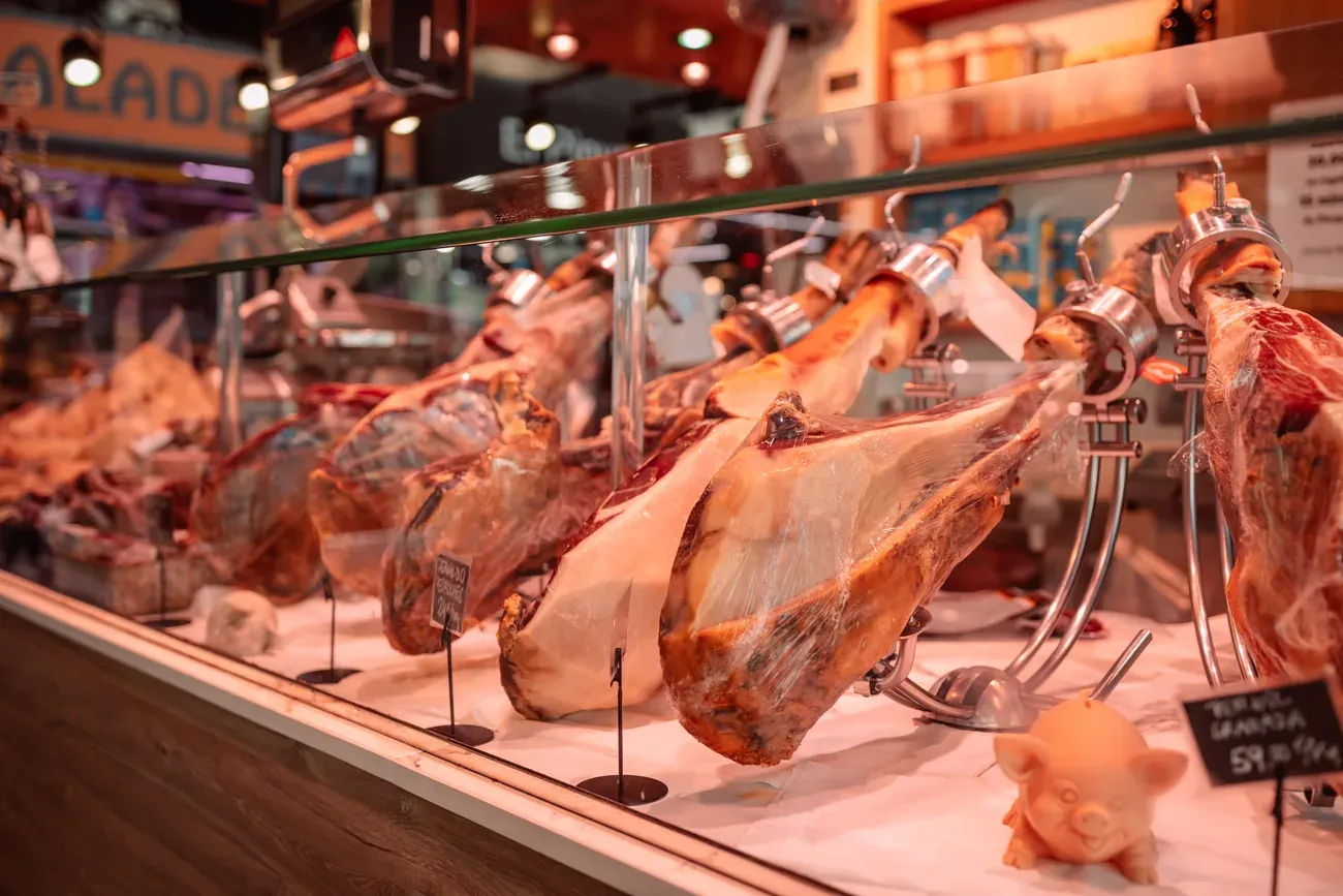 A jamon stall at La Boqueria market in Barcelona