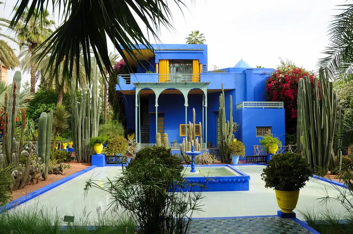 The cobalt-blue villa and cactus garden at the Jardin Majorelle in Marrakech