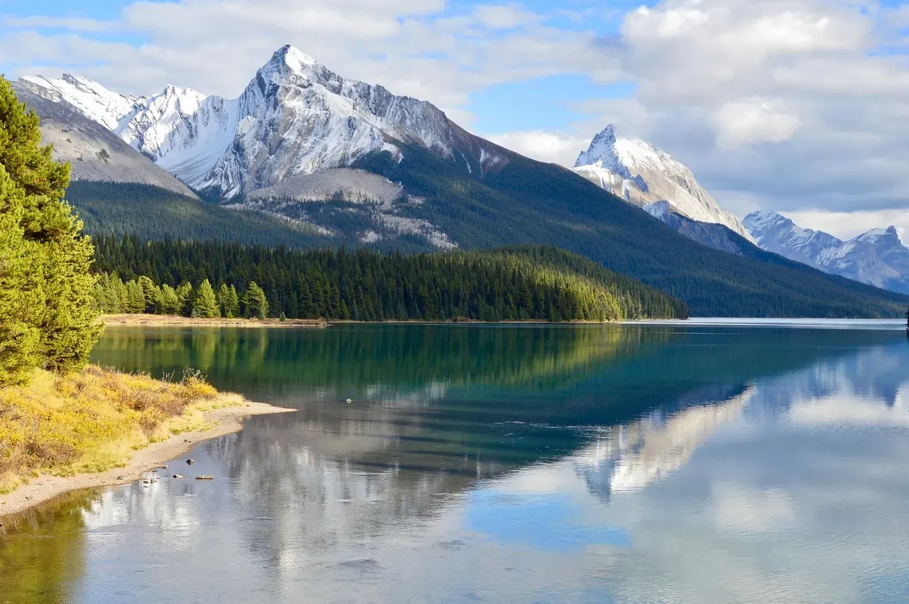 Mountains reflected in Maligne Lake in Jasper National Park