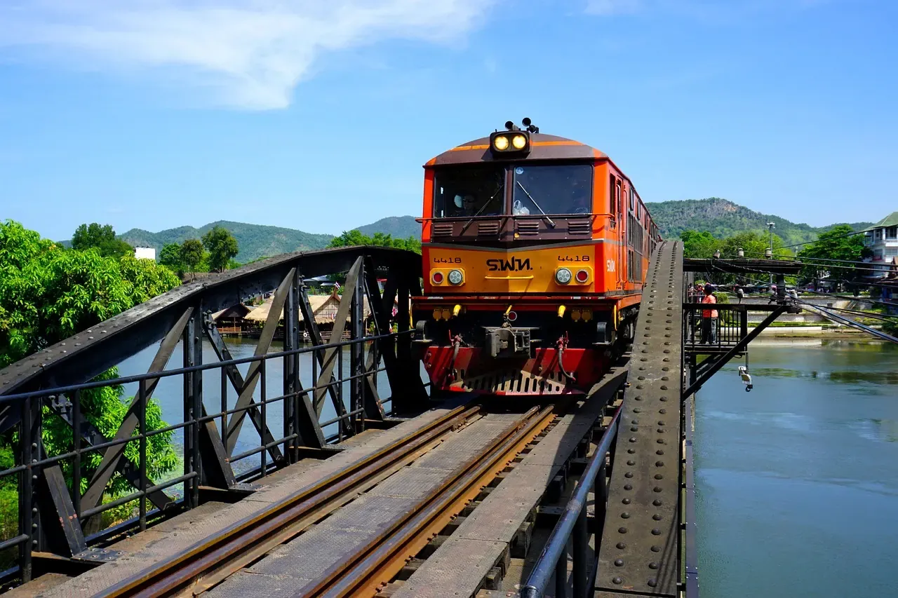 A train crossing the bridge over the River Kwai at Kanchanaburi
