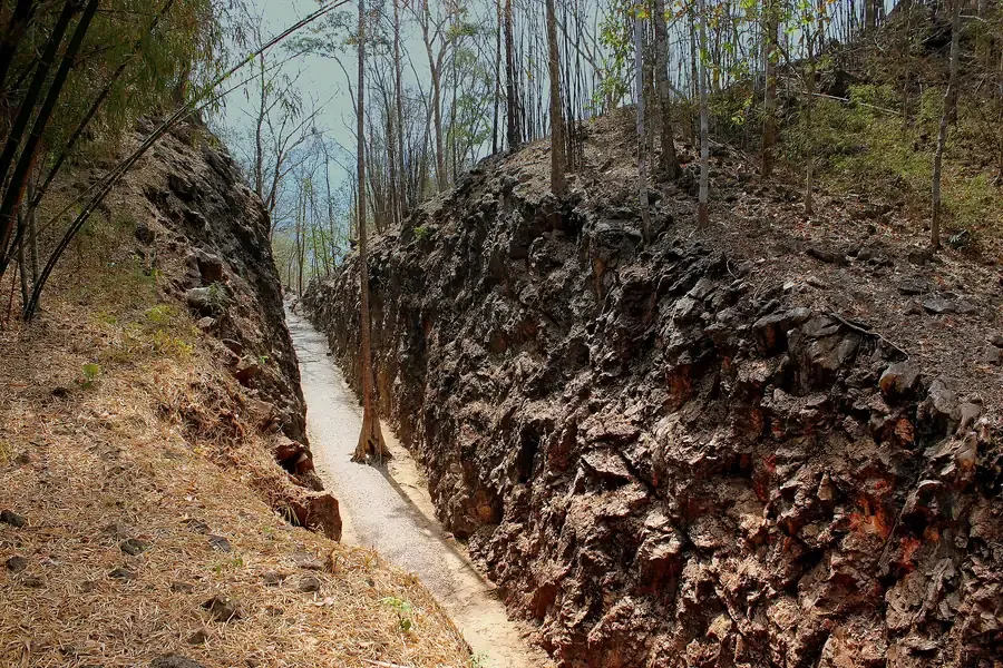 The rock cutting of Hellfire Pass on the former Burma Railway, Kanchanaburi