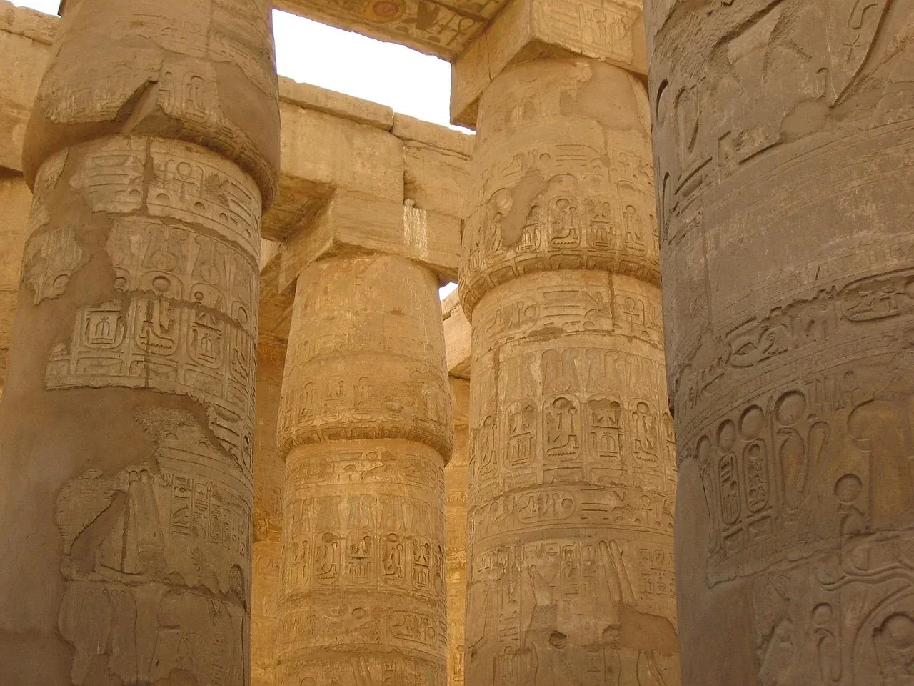 Carved columns catching the sun at Karnak Temple in Luxor