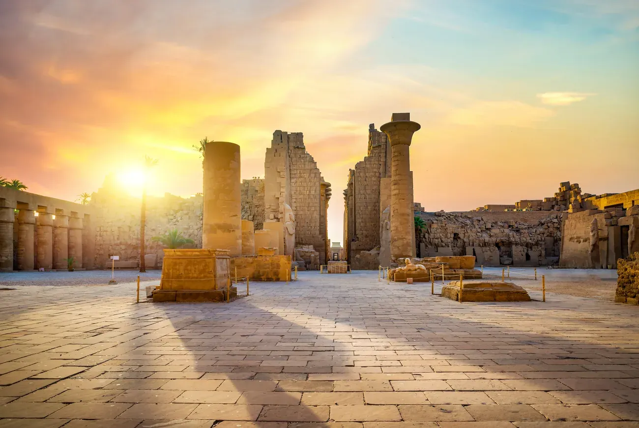 The ruins of Karnak Temple at sunset in Luxor