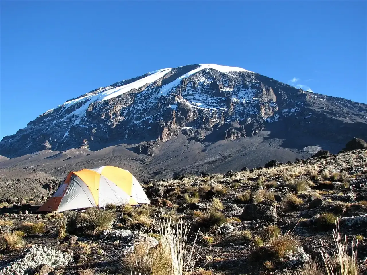 The Kibo summit of Kilimanjaro seen from a high camp with a tent in the foreground