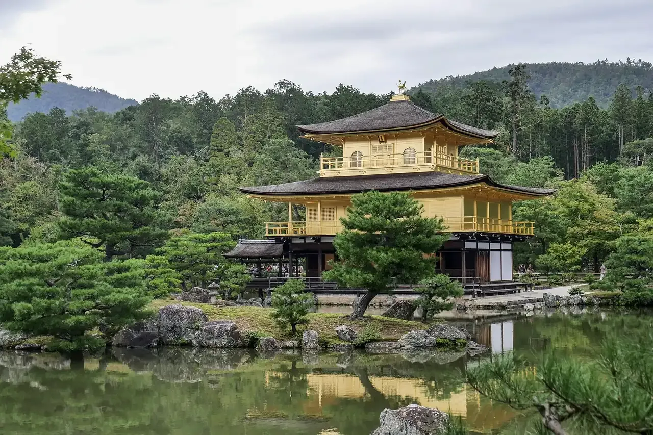 Kinkaku-ji and its garden pond seen from across the water in Kyoto