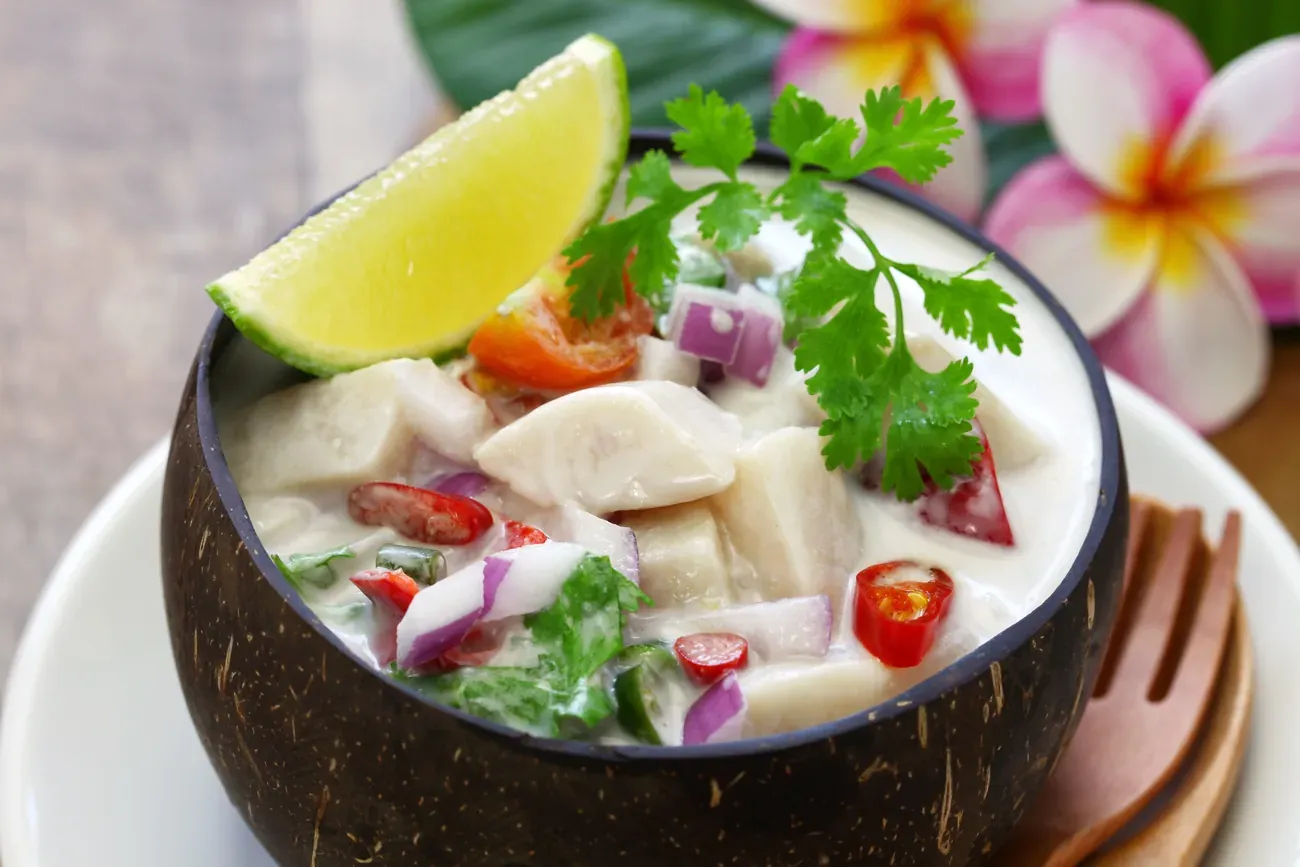 Kokoda, Fijian raw fish cured in lime and coconut milk with chilli and onion, served in a coconut shell