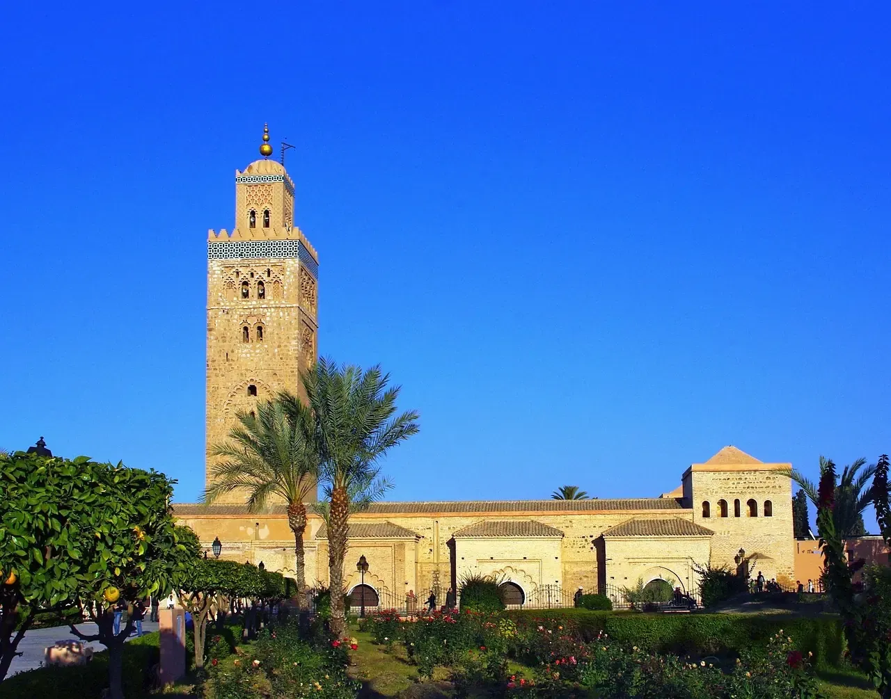 The minaret of the Koutoubia Mosque above its gardens in Marrakech