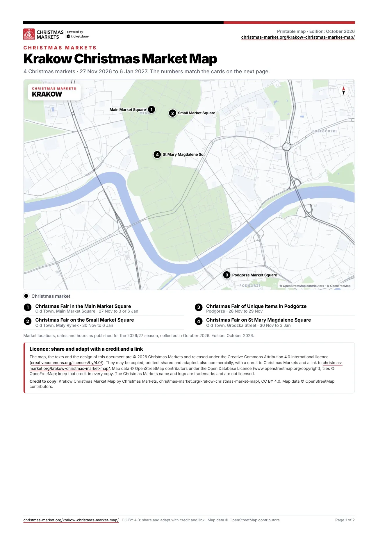 Page 1 of the printable Krakow Christmas market map PDF