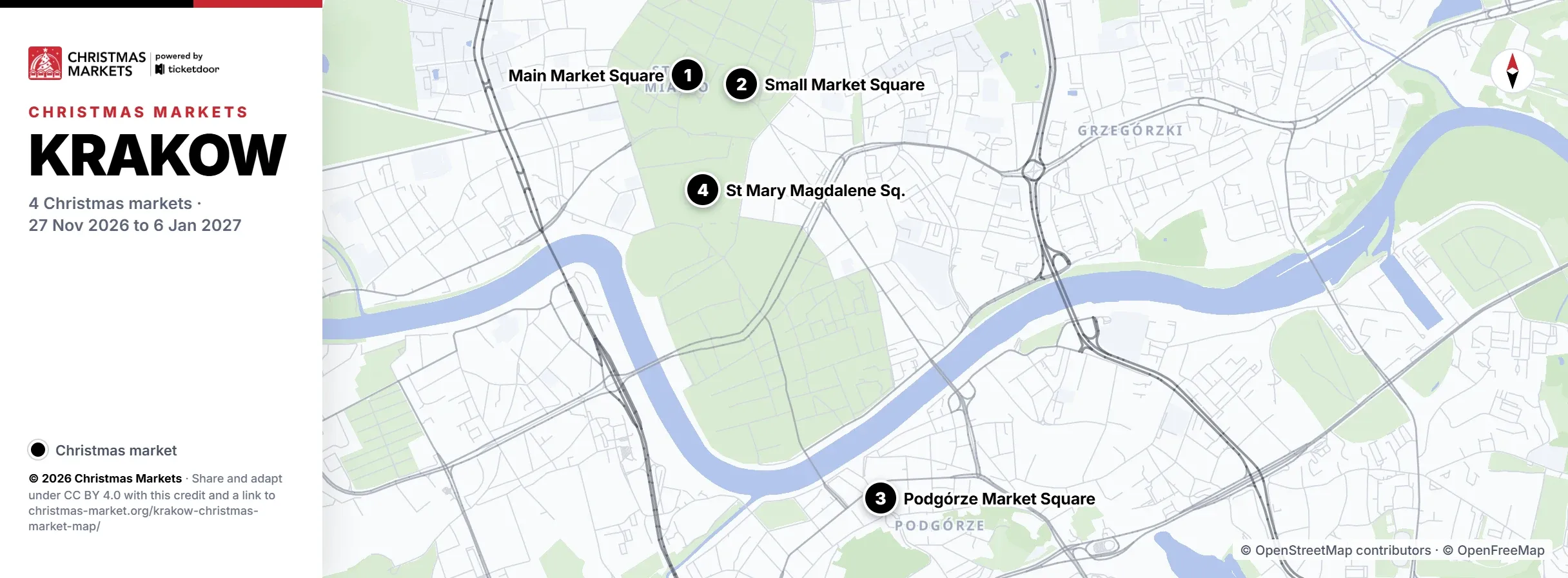 Krakow Christmas market map with the 4 markets numbered