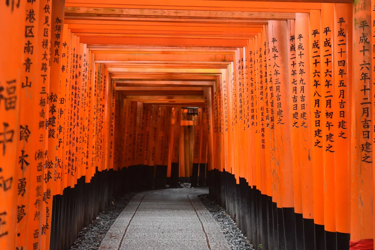 A tunnel of torii gates inscribed with kanji at Fushimi Inari-taisha in Kyoto