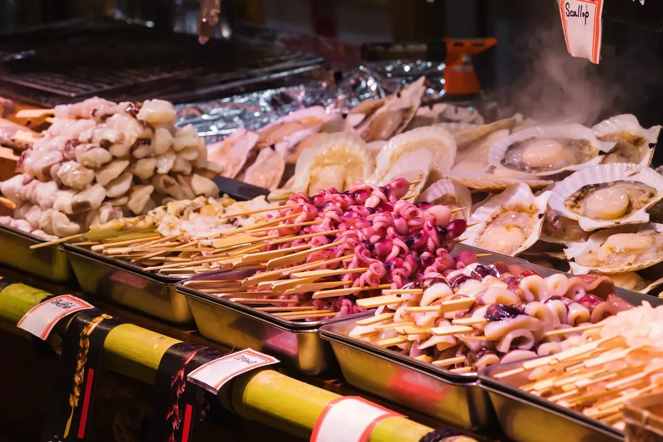 A display of fresh seafood at the Nishiki Market in Kyoto