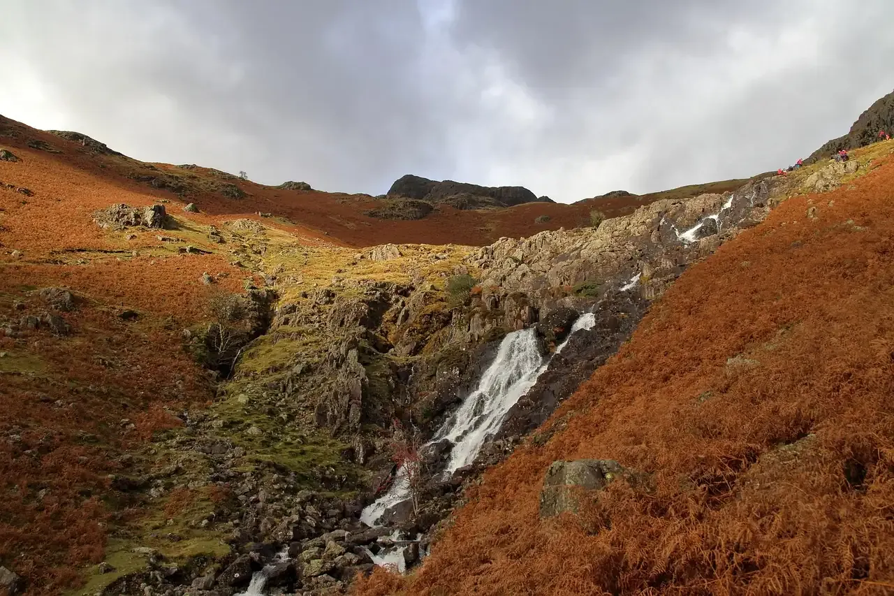 A beck falling through bracken on a Lake District fellside in Cumbria