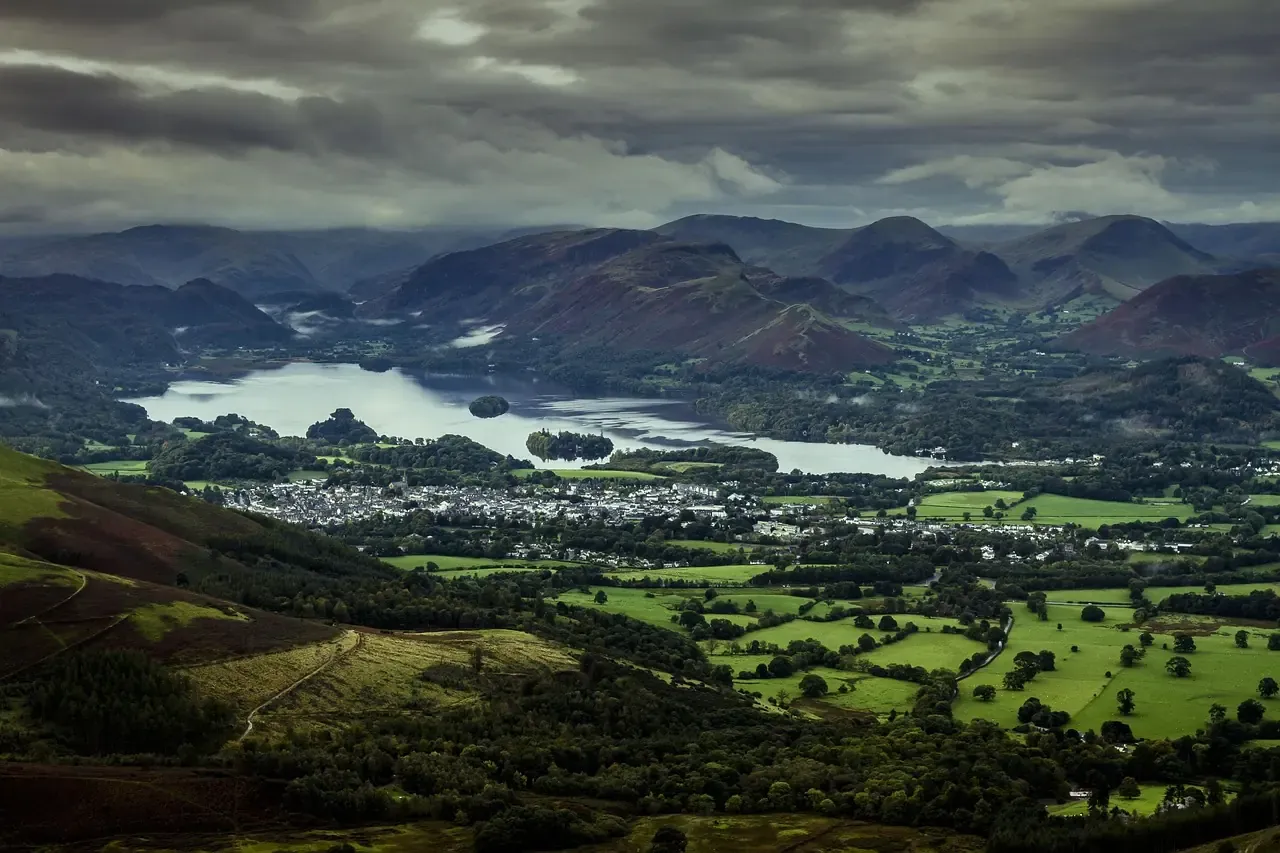 A view from the fells over Keswick and its lake in the Lake District, Cumbria