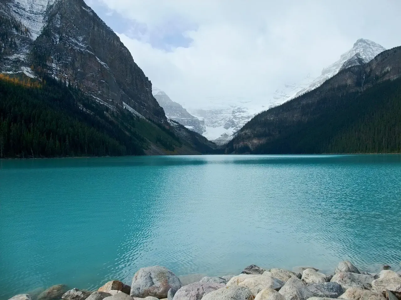 The turquoise water of Lake Louise below Victoria Glacier in Banff National Park