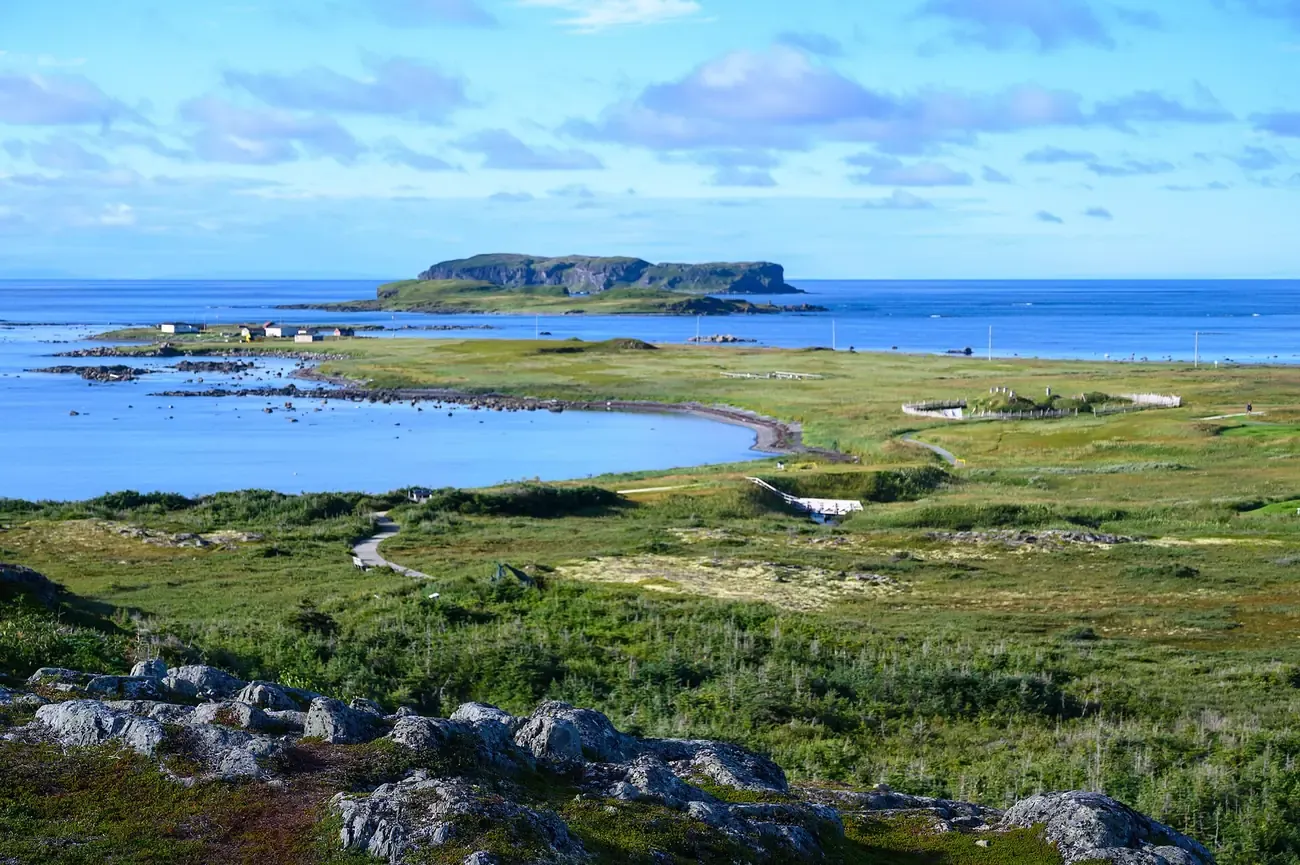 The coastal meadow of the Norse site at L'Anse aux Meadows, Newfoundland