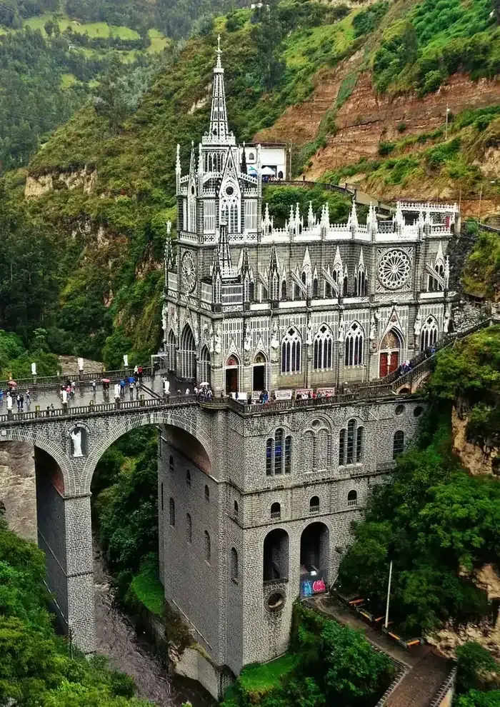 The neo-Gothic Las Lajas Sanctuary and its bridge seen from above the canyon