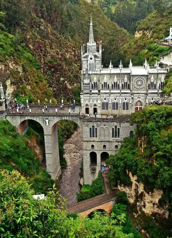 The basilica of Las Lajas rising over the gorge of the Guáitara river