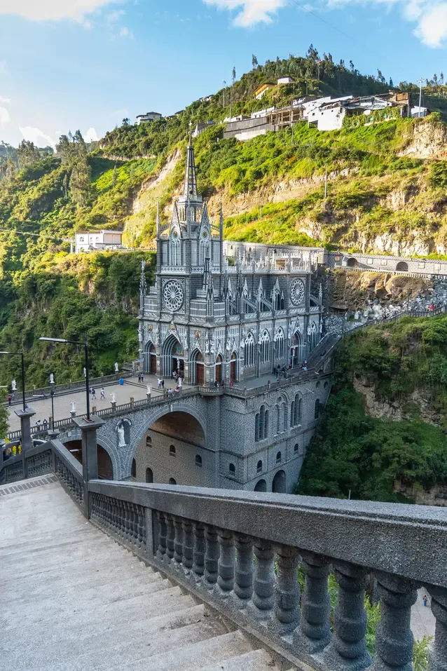 Gothic Revival facade of Las Lajas Sanctuary seen from the approach walkway, Ipiales, Colombia