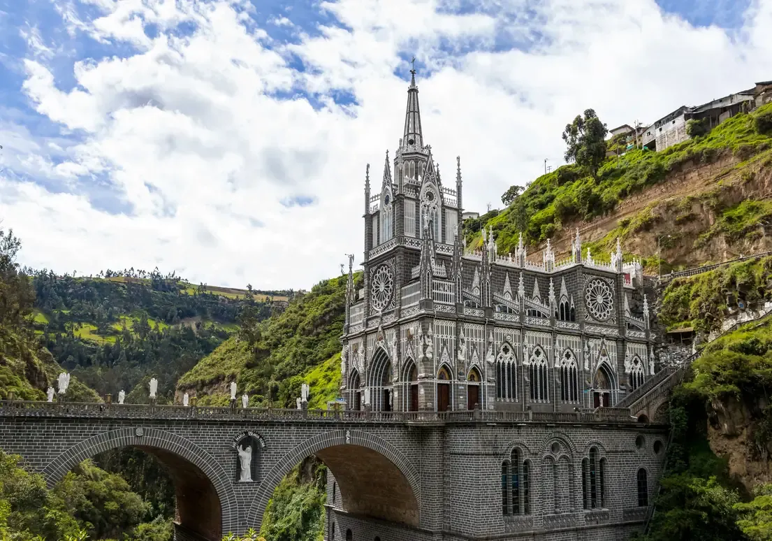 Las Lajas Sanctuary and its bridge spanning the Guaitara river canyon, Ipiales, Colombia