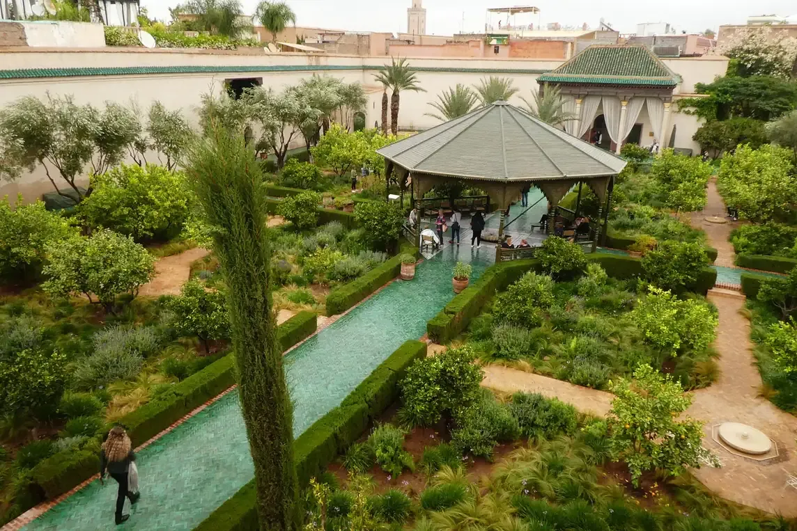The Islamic garden and water channels of Le Jardin Secret above the medina in Marrakech