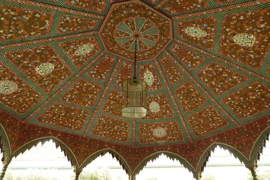 The painted dome of the pavilion at Le Jardin Secret in Marrakech