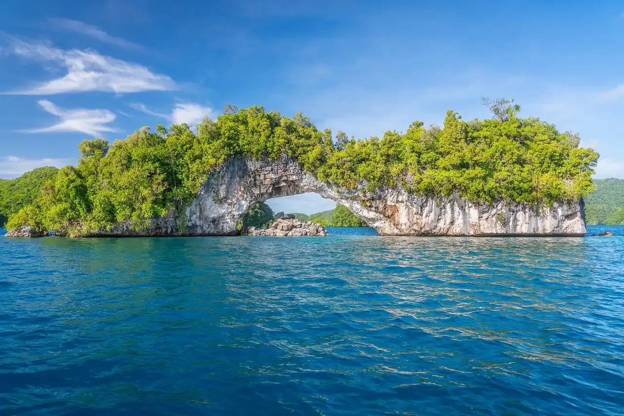 A forested limestone island with a natural arch in the Rock Islands of Palau