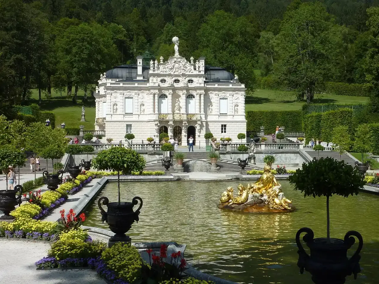 Linderhof Palace and the fountain in its formal garden near Ettal
