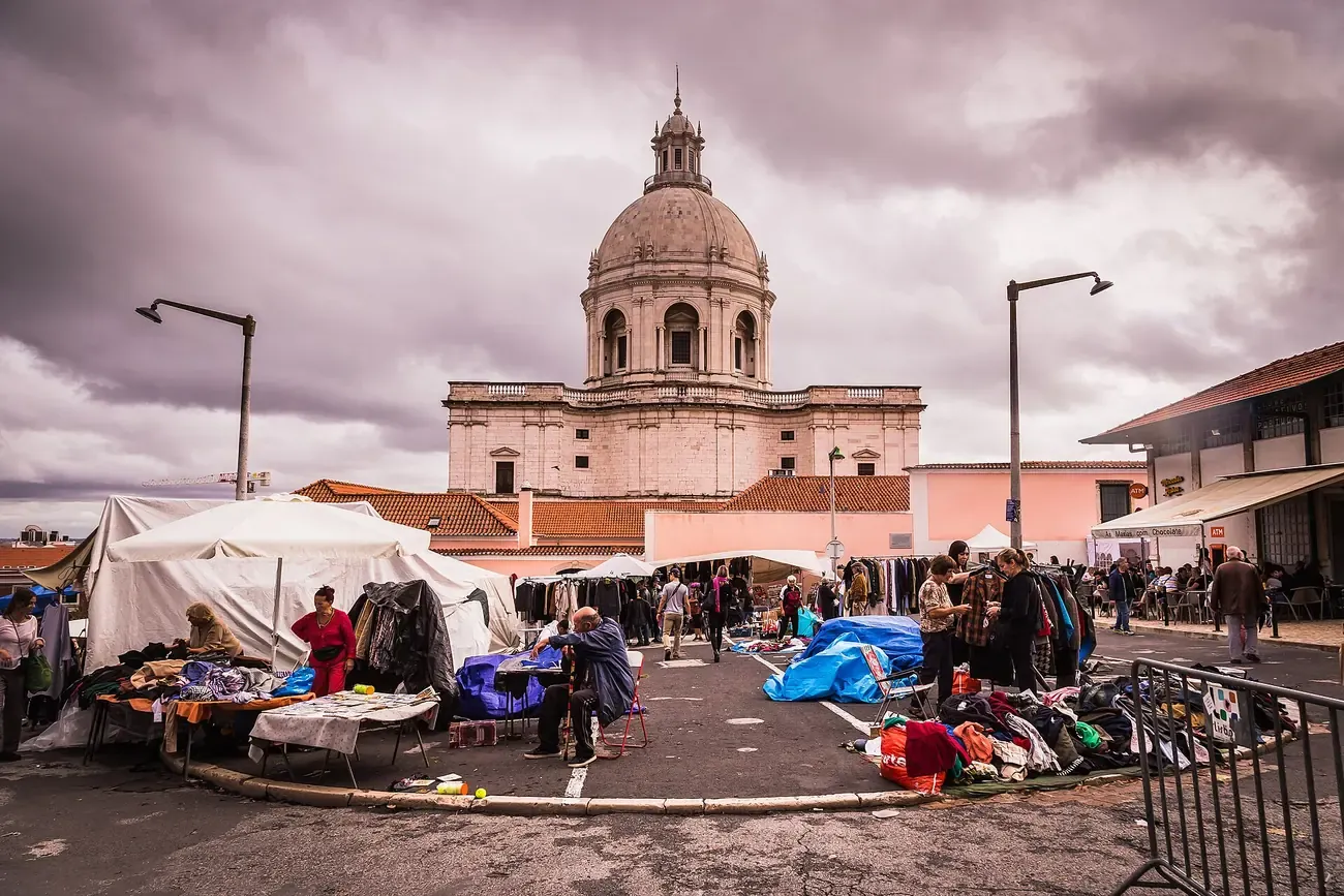 Market stalls of the Feira da Ladra flea market at Campo de Santa Clara in Lisbon