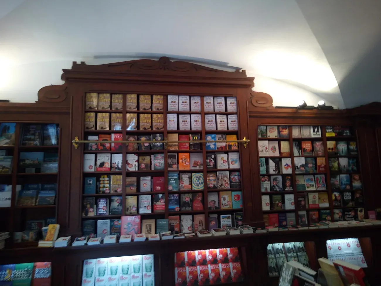 Wooden shelves inside the Livraria Bertrand in Chiado, Lisbon