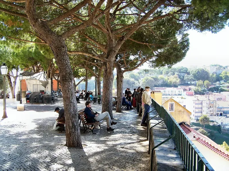 Visitors under pine trees at the Miradouro da Graca terrace overlooking Lisbon