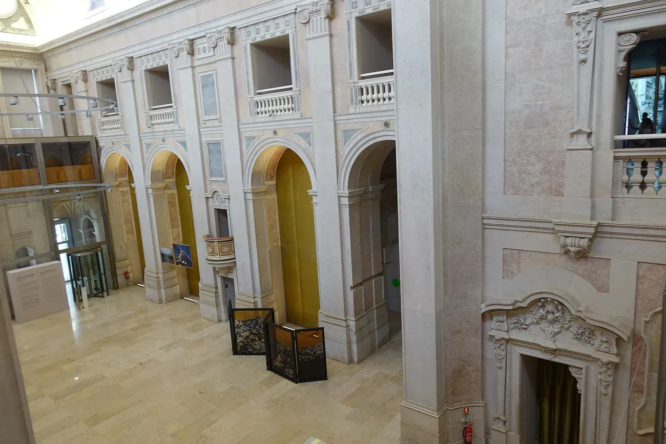 The marble arched hall of the Museu do Dinheiro, the Bank of Portugal money museum in Lisbon