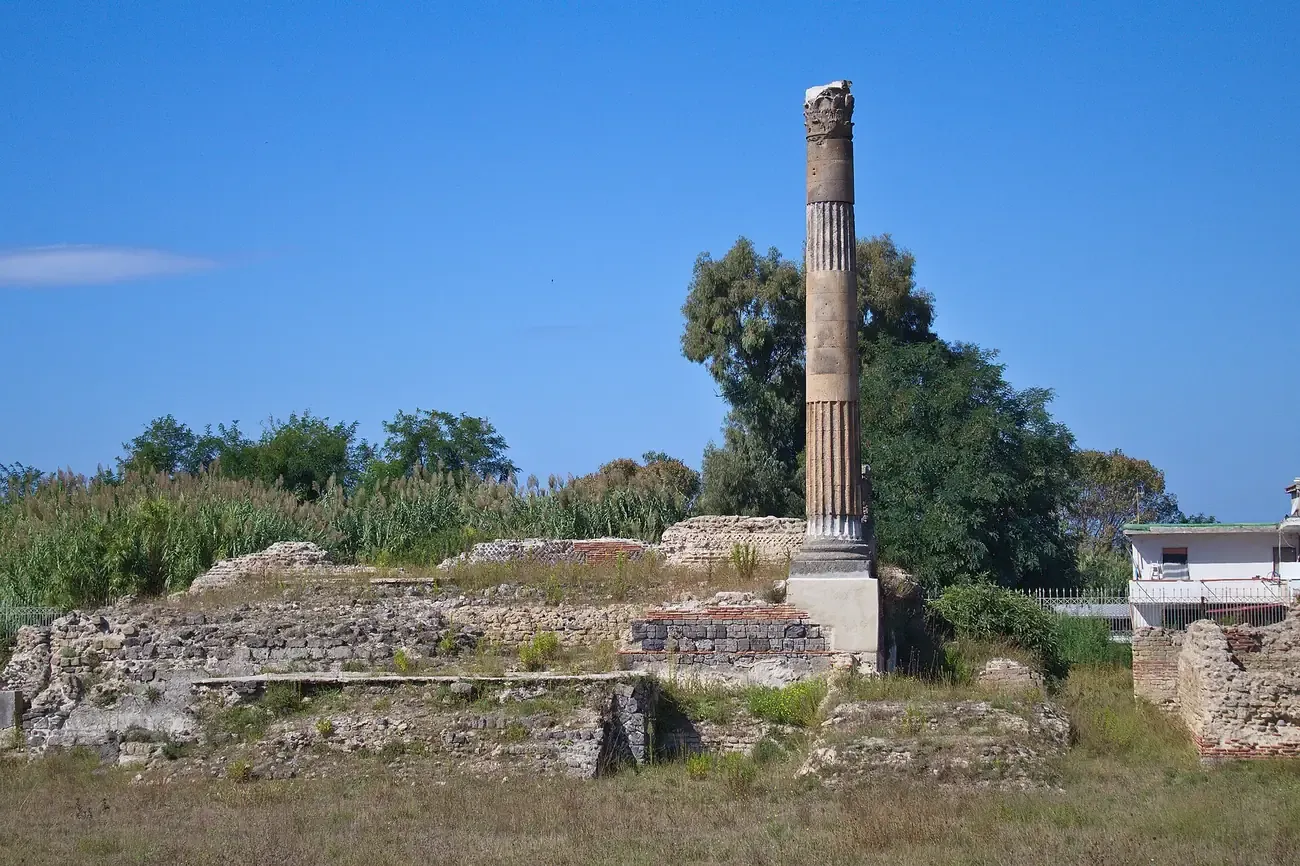 The Roman ruins of Liternum with the surviving temple column near Lago Patria