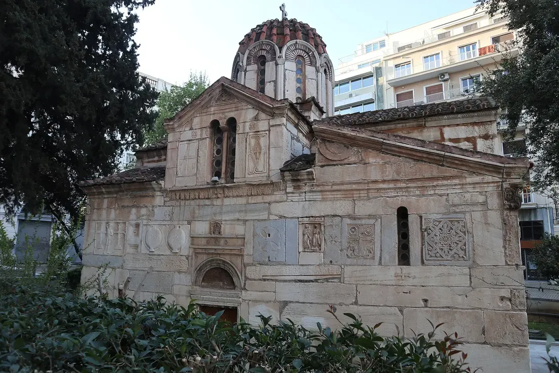 The Little Metropolis church in Athens with its walls built from recycled ancient marble reliefs and inscriptions
