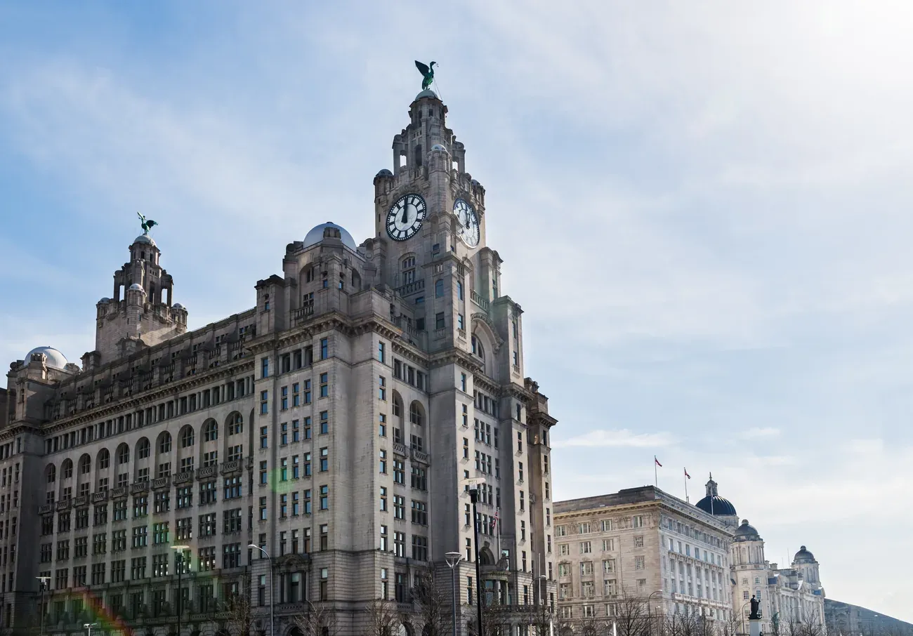 The Royal Liver Building clocktower in Liverpool on a sunny day