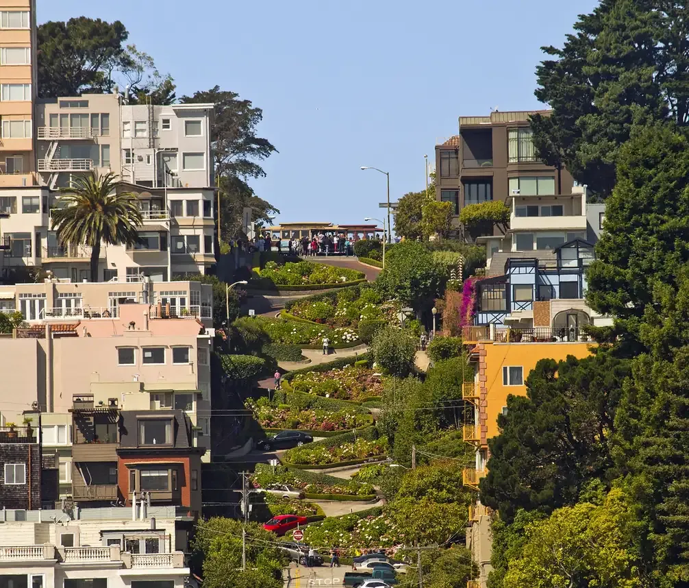 The crooked switchback block of Lombard Street seen from the top in San Francisco