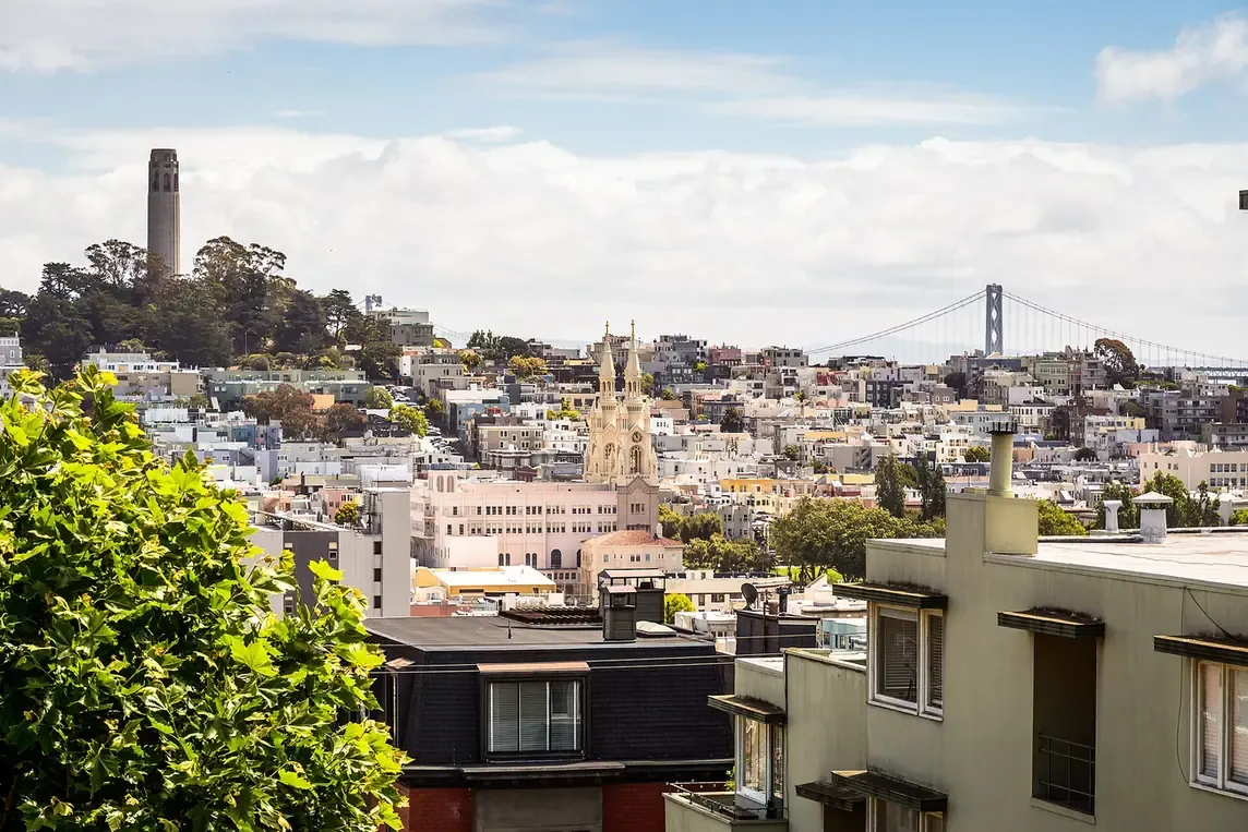 The view over North Beach and the bay from the top of Lombard Street in San Francisco