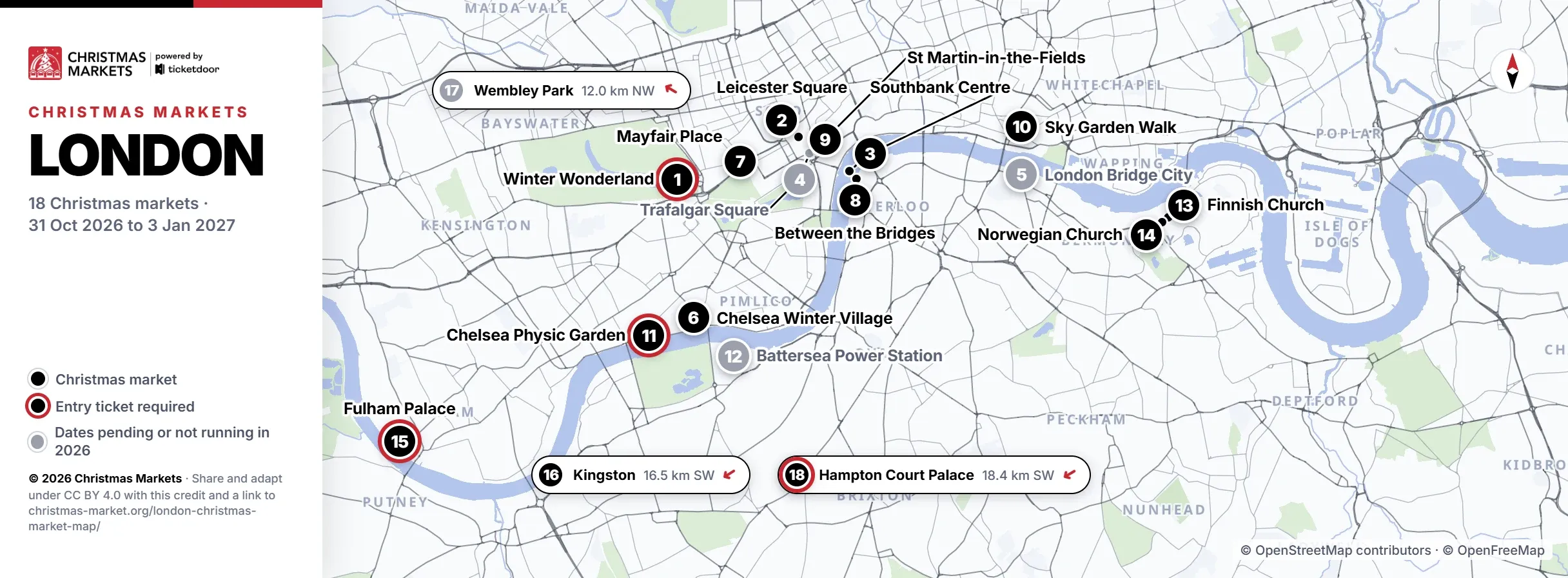 London Christmas market map with the 18 markets numbered