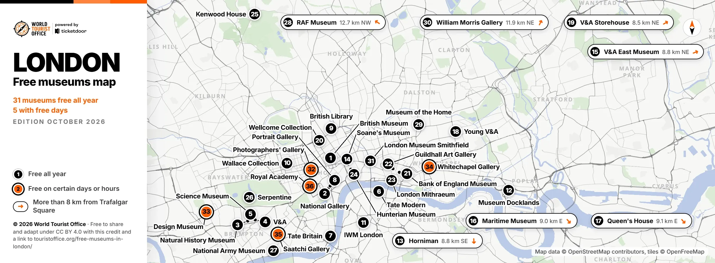 London free museums map with 36 numbered museums, 31 free all year and 5 with free days
