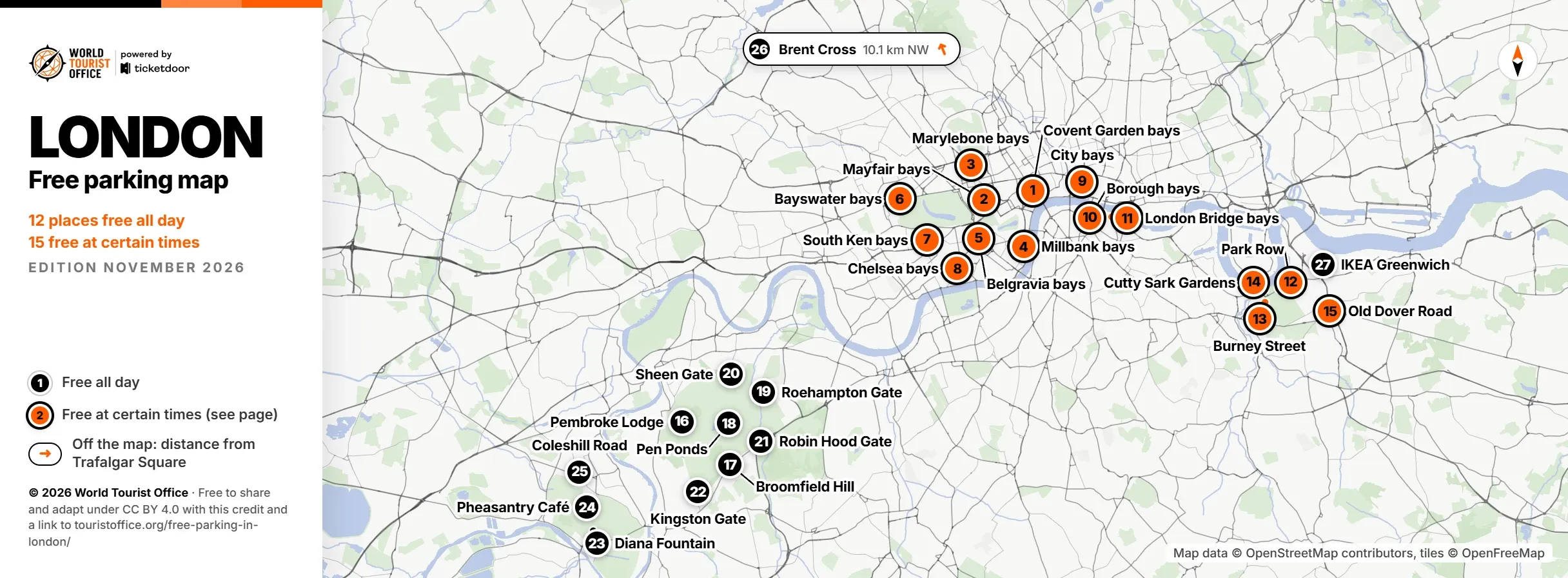 Map of free parking in London with numbered pins for car parks free all day and streets free at certain times