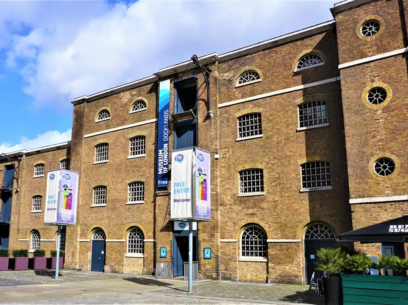 The brick sugar warehouse of London Museum Docklands at West India Quay in London