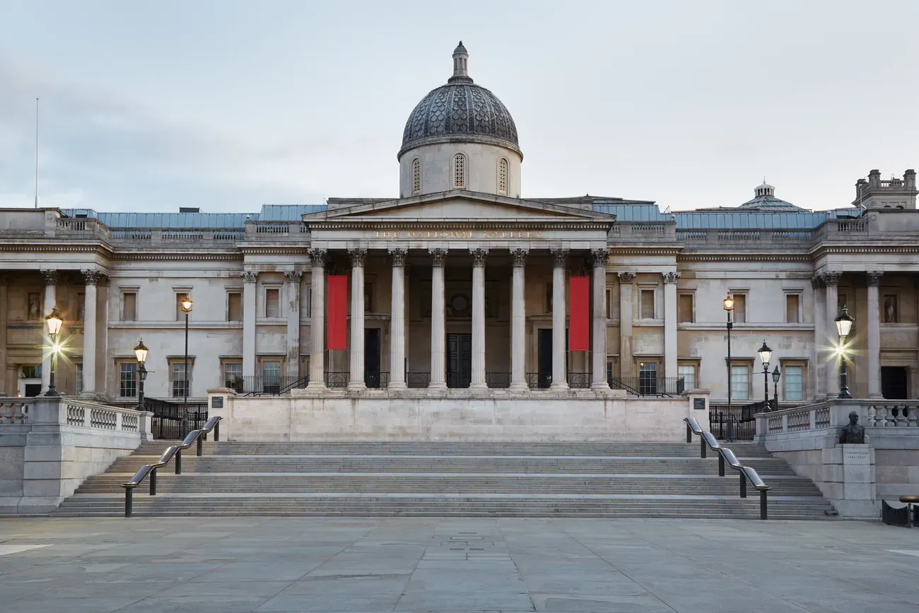 The National Gallery building on Trafalgar Square in London in the early morning